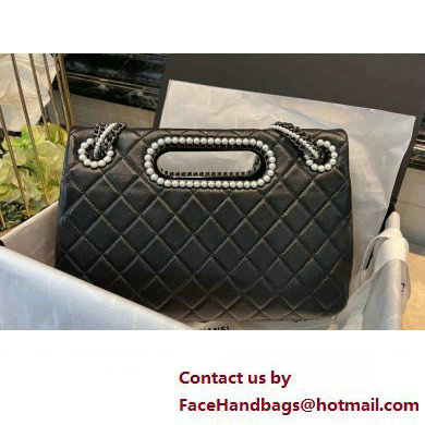 Chanel Leather Pearls  &  Silver-Tone Metal Large Flap Bag with Top Handle AS4221 Black 2023